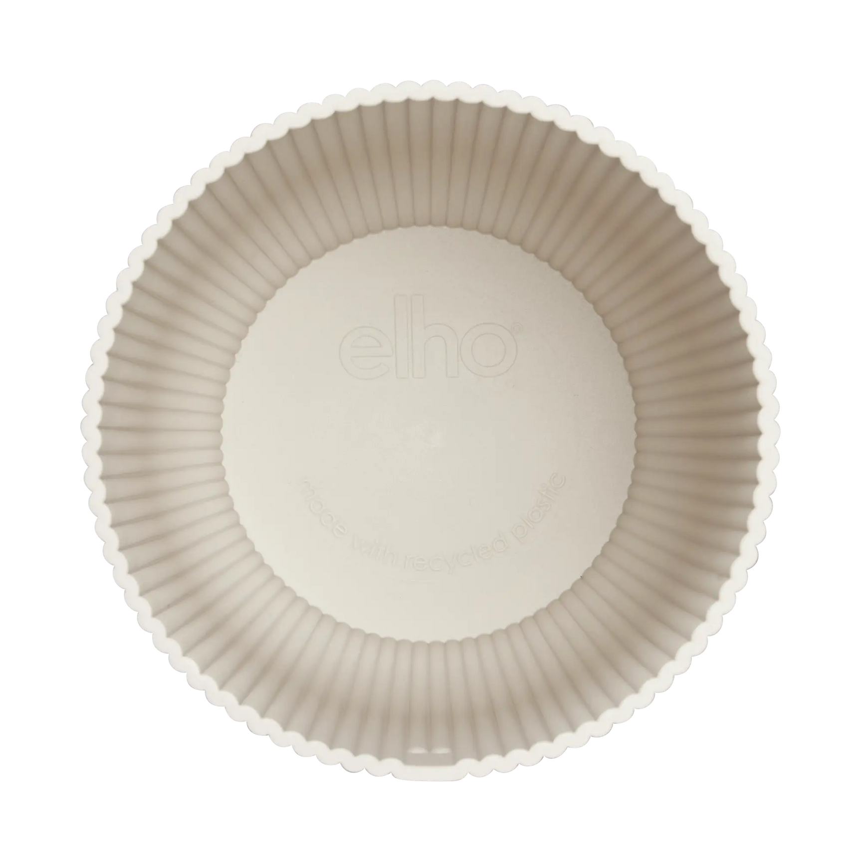 Witte ronde plantenbak met binnenrand en reliëf elho-logo