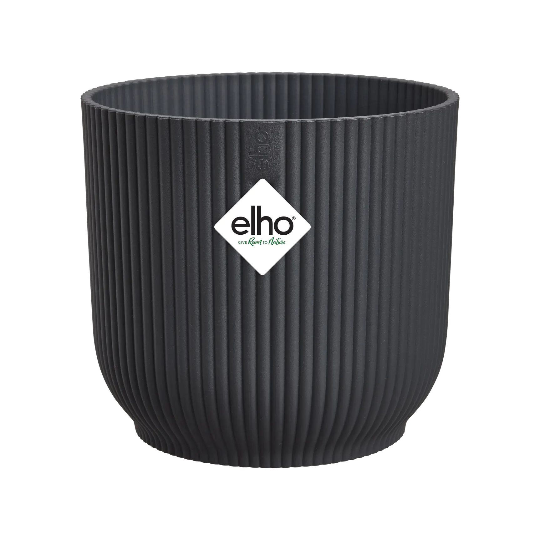 Ronde elho plantenpot, geribbelde structuur, antraciet, met elho logo