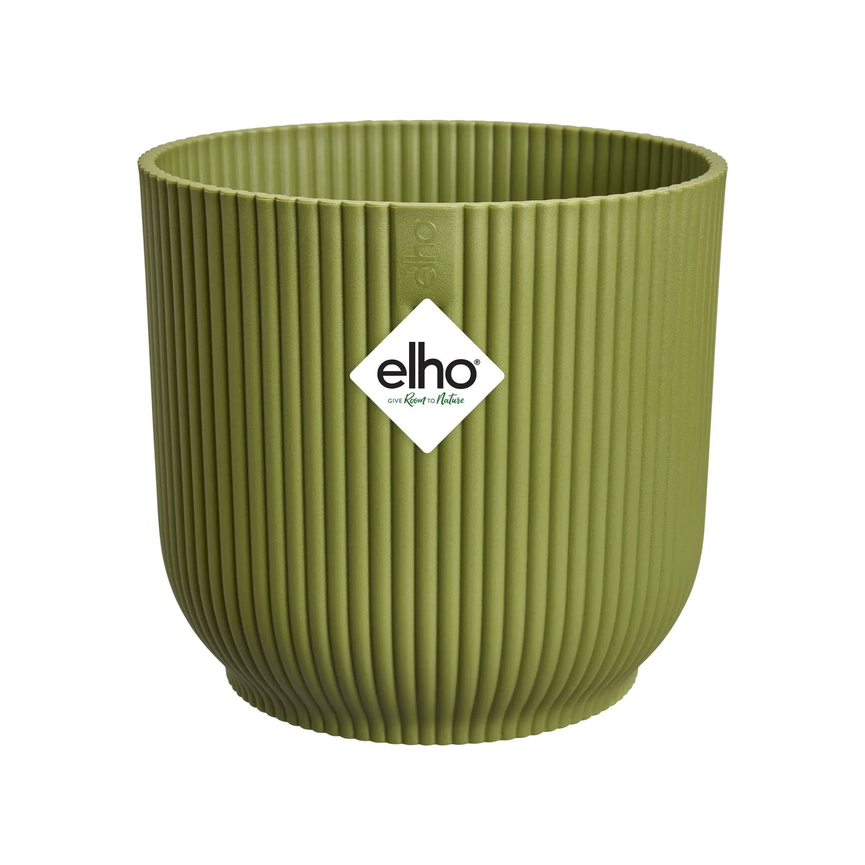 Groene ronde bloempot met geribbelde vouwstructuur en Elho-logo op voorzijde