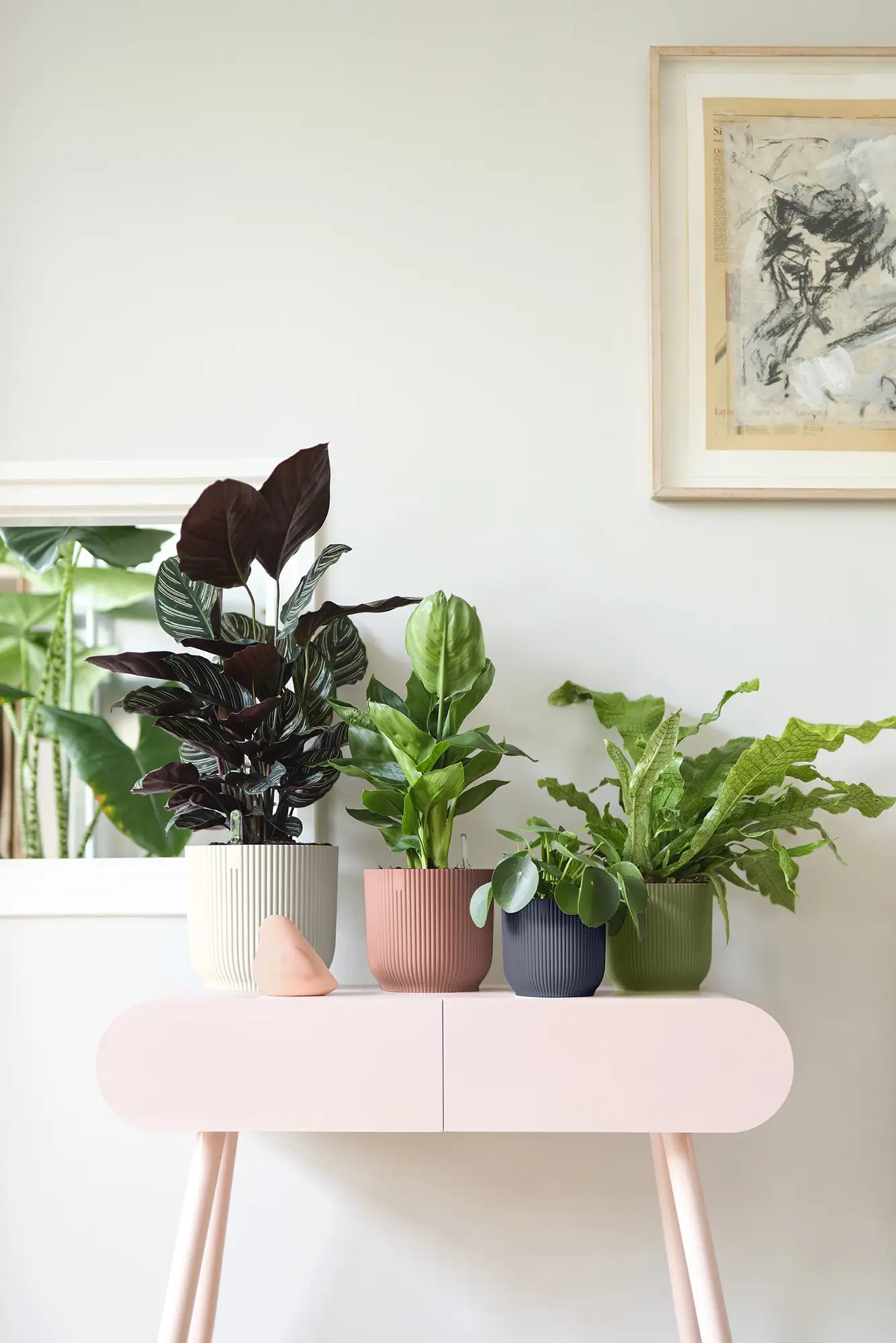 Ronde plantenpotten op witte kastplank met groen blad, verschillende tinten