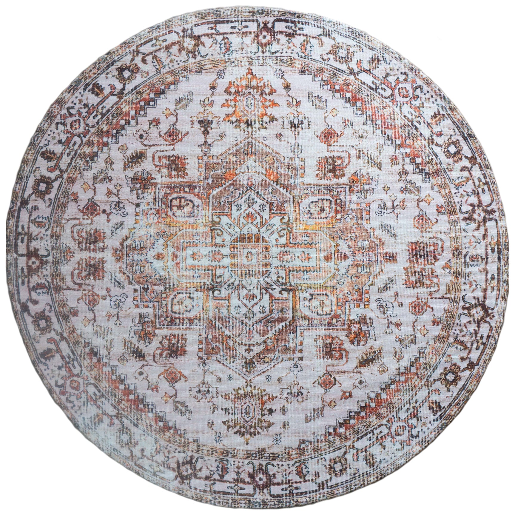Rond vloerkleed met vintage oosters patroon, bruin en blauw op lichtgrijze ondergrond