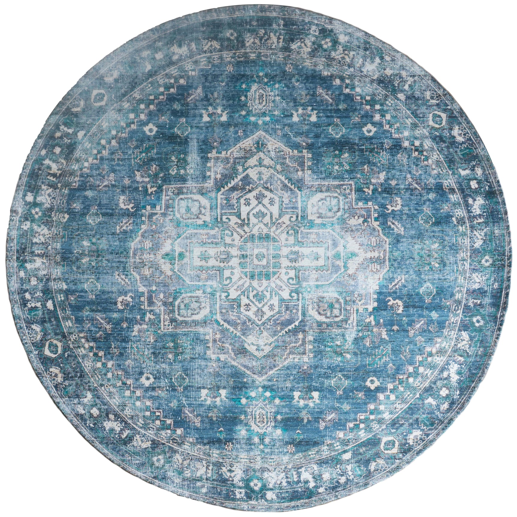 Rond vloerkleed Nora met blauwgroen abstract patroon en sierlijke rand