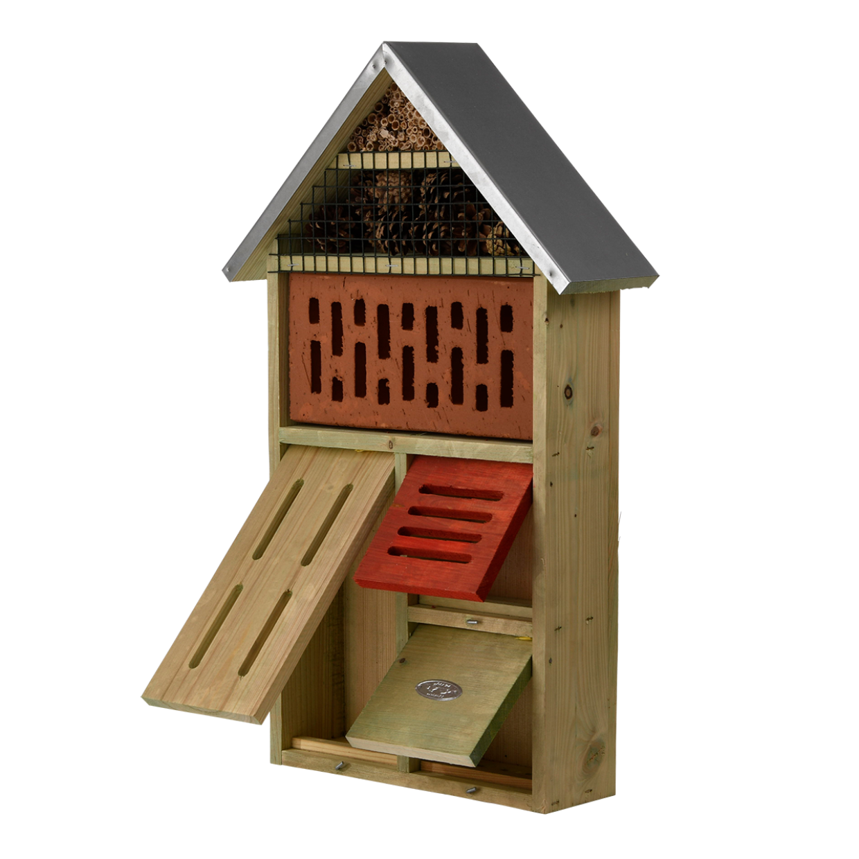 Insectenhotel XL met open vakken, houten kamers en stenen vulling onder donkergrijs dak