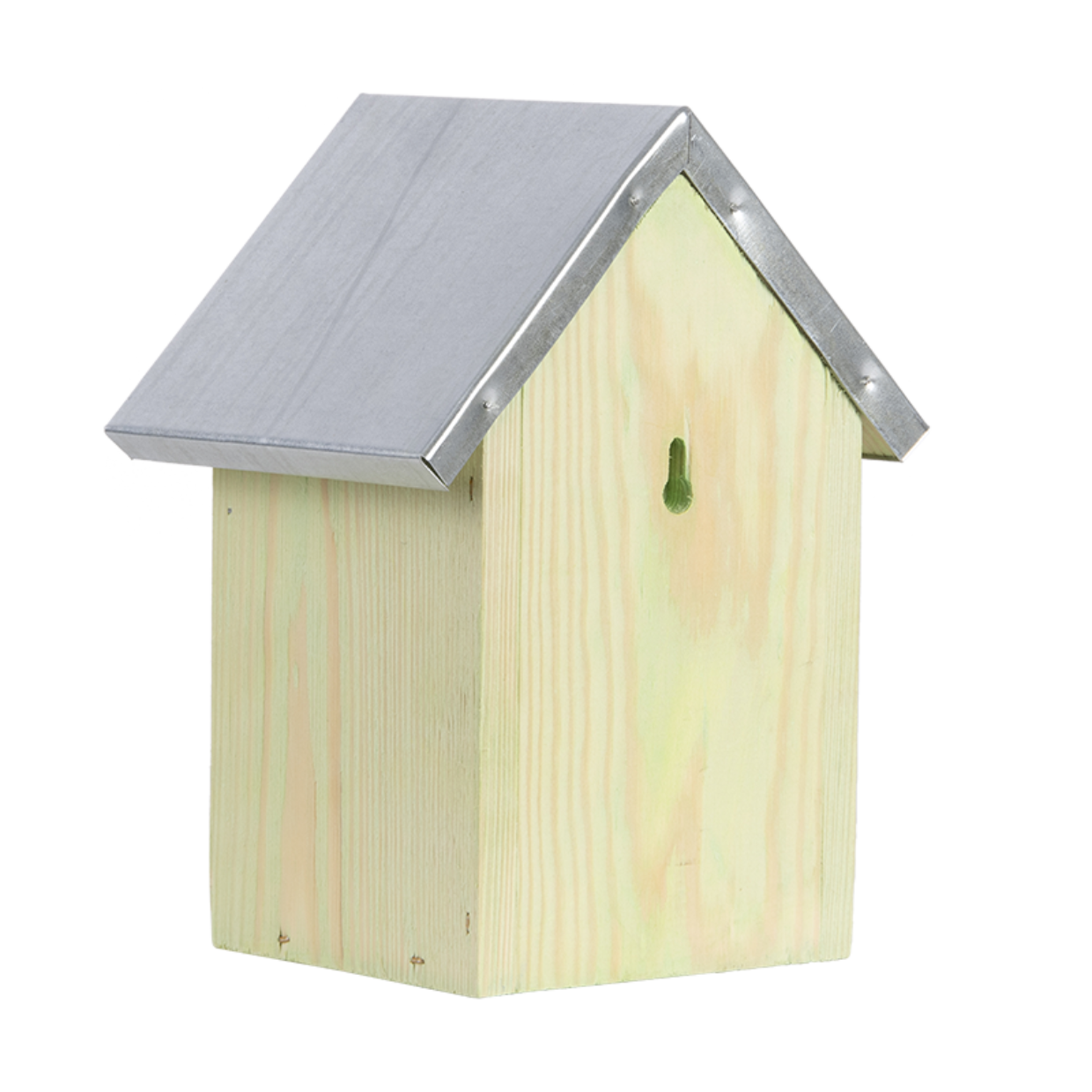 Houten insectenhotel met grijs dak en open ingang
