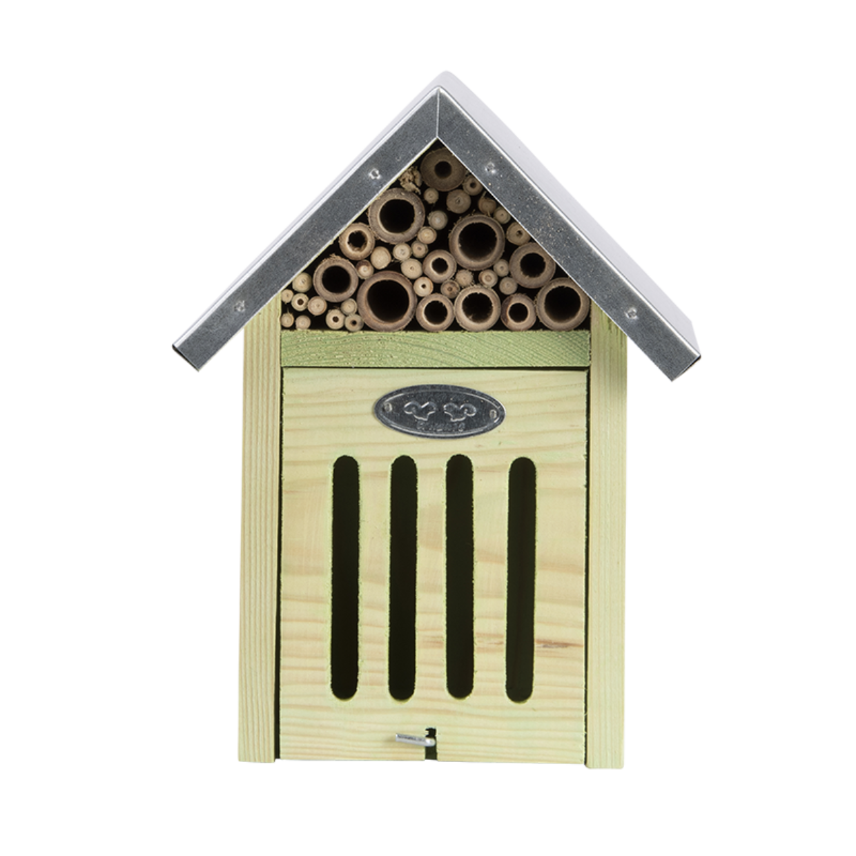 Insectenhotel met grijs dak, nestbuizen en geventileerde voorkant
