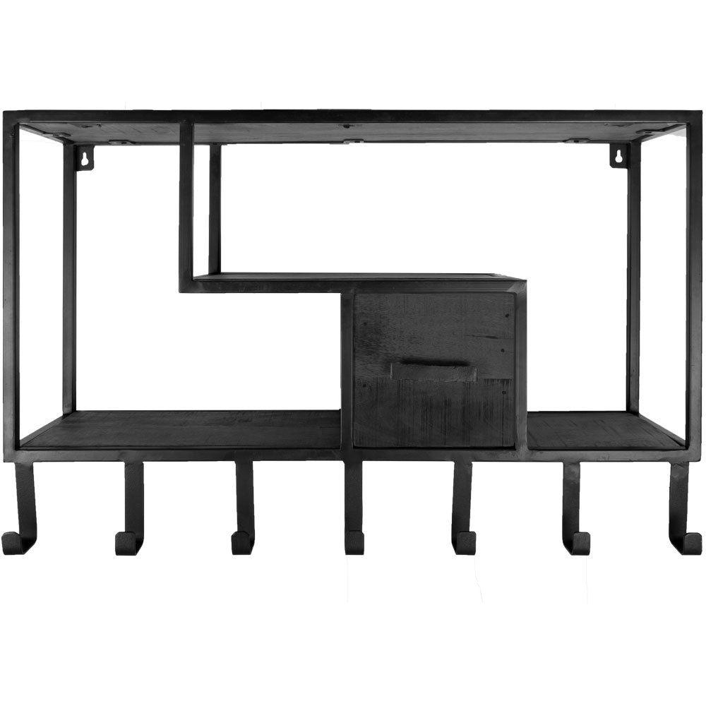 Wandkast kapstok met zwart frame en mangohout planken, met 6 haken