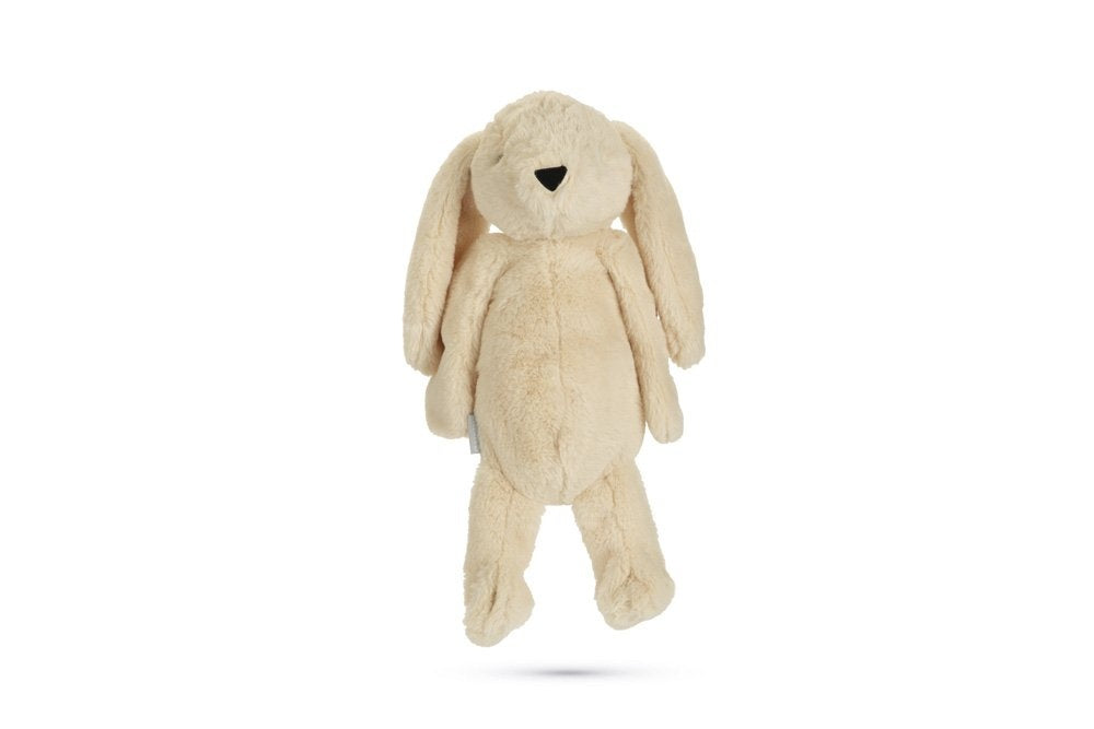 Beige konijn knuffel met lange oren en zwarte neus, staand