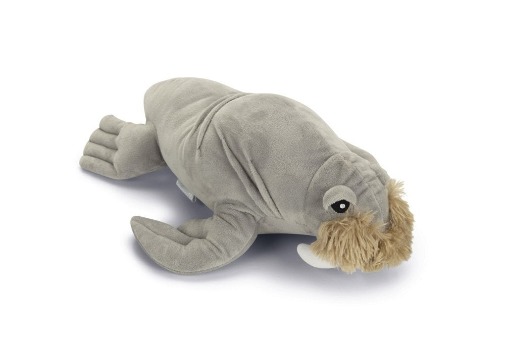 Knuffel-walrus met lichtgrijze body en beige snuit, liggend