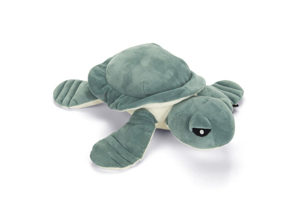 Groene schildpad-knuffel van zachte stof met opgerolde pootjes en snuit