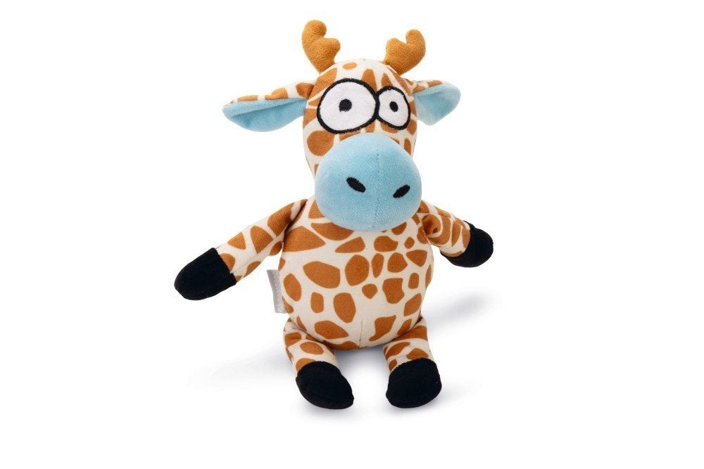 Pluche giraffenknuffel met lange nek, oranje vlekken en blauw lijfje