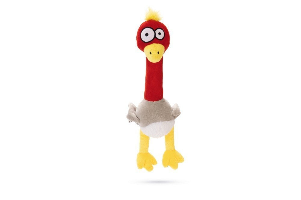 Beeztees dodo knuffeldier met rode kop, witte borst en gele pootjes