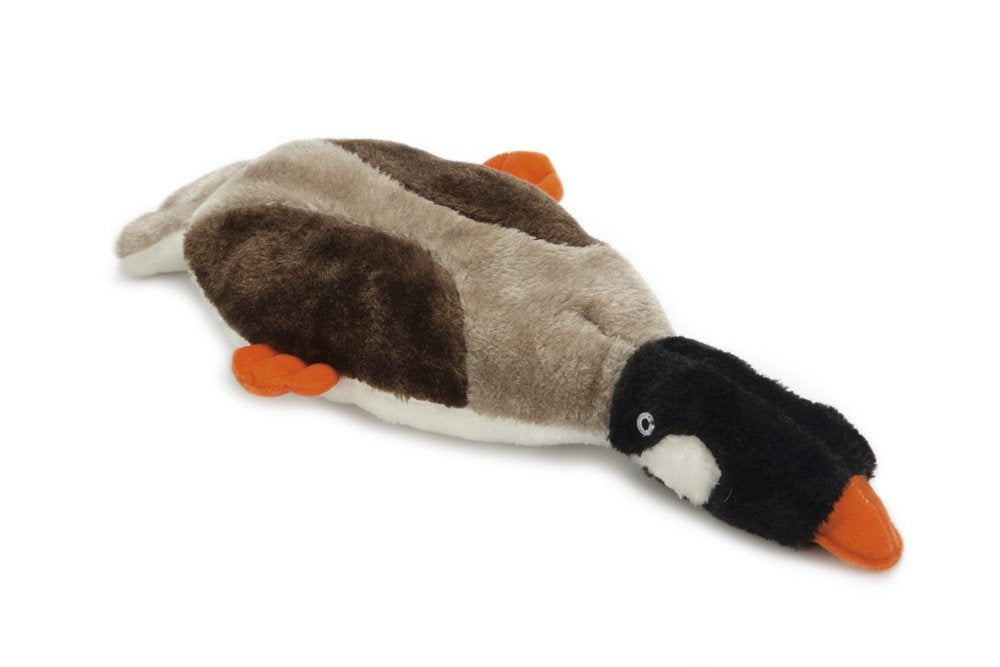 Beeztees pluche gans knuffel, liggend; bruin en beige met zwarte kop en oranje snavel.