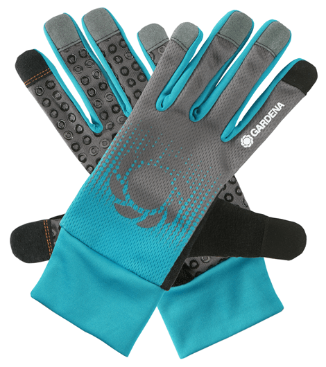 Gardena tuinhandschoenen met turquoise en grijze grip, verdikte knokkel en duimlus.