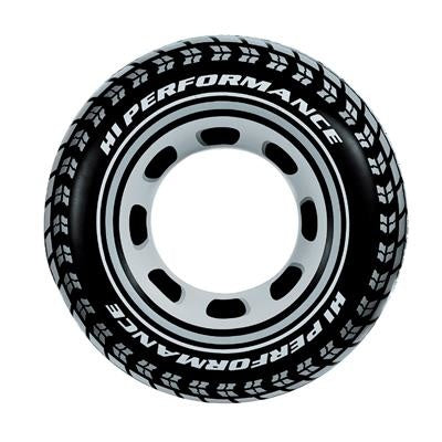 Opblaasbare zwembring autoband met zwart-wit band en metalen velg-look