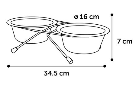 Technische schets: dubbele voerbakken Ø16 cm op staander, 34,5 cm breed en 7 cm hoog.
