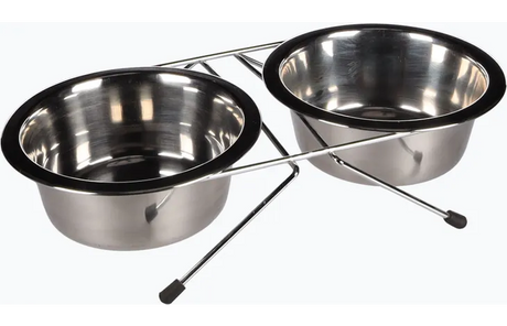 RVS duo eet-/drinkpot standaard met twee ronde kommen op metalen frame