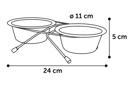 Technische schets duo eet-/drinkpot standaard, twee kommen met maten 24×11×5 cm