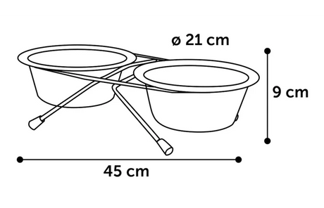 Technische tekening: dubbele voer-/drinkpot op standaard, maten 45 cm, Ø21 cm, 9 cm