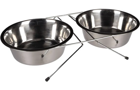 RVS duo eet- en drinkbakkenstandaard met twee brede kommen op metalen frame