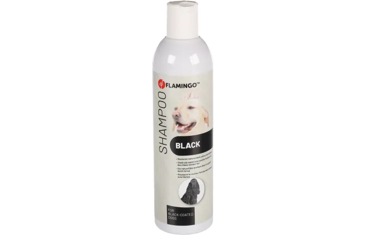 Flamingo shampoofles voor zwarte vacht, 300 ml, witte fles met zwarte etiketstijl