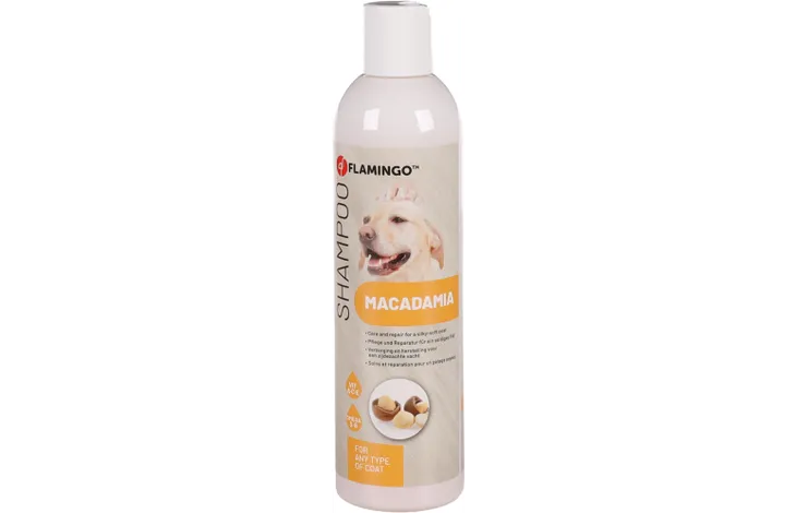 Shampoo fles Flamingo Macadamia voor honden, met witte dop en etiket