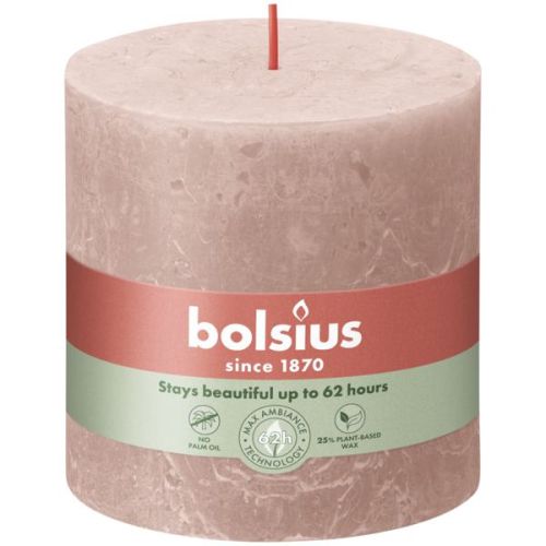 Roze rustieke stompkaars met kaarsenlabel Bolsius en rode lont