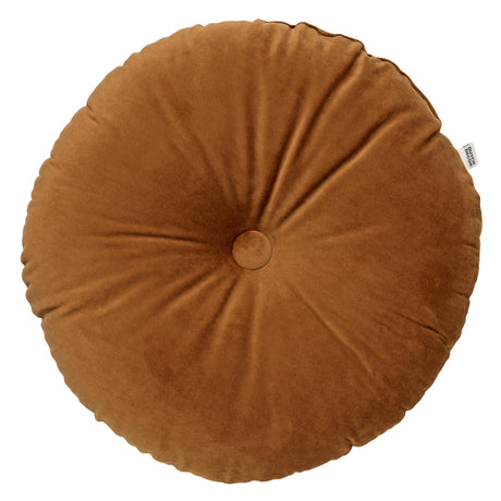 Rond fluwelen sierkussen met knoopdetail, tobacco bruin
