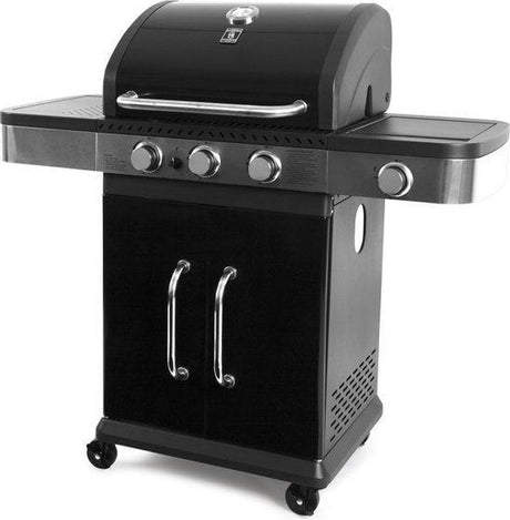 Zwarte gasbarbecue met RVS zijkant, deksel, 3 bedienknoppen en zijbrander opzij