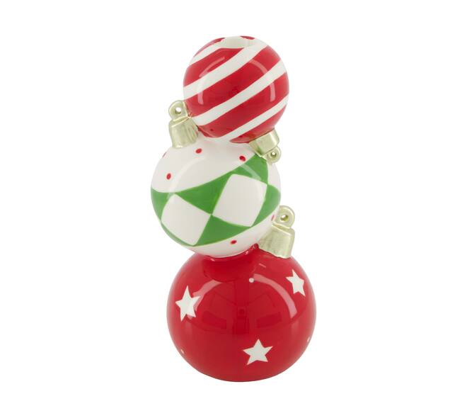 Keramiek vaas met drie kerstballen: gestreepte rood-witte bal, groene ruit, rode sterbal