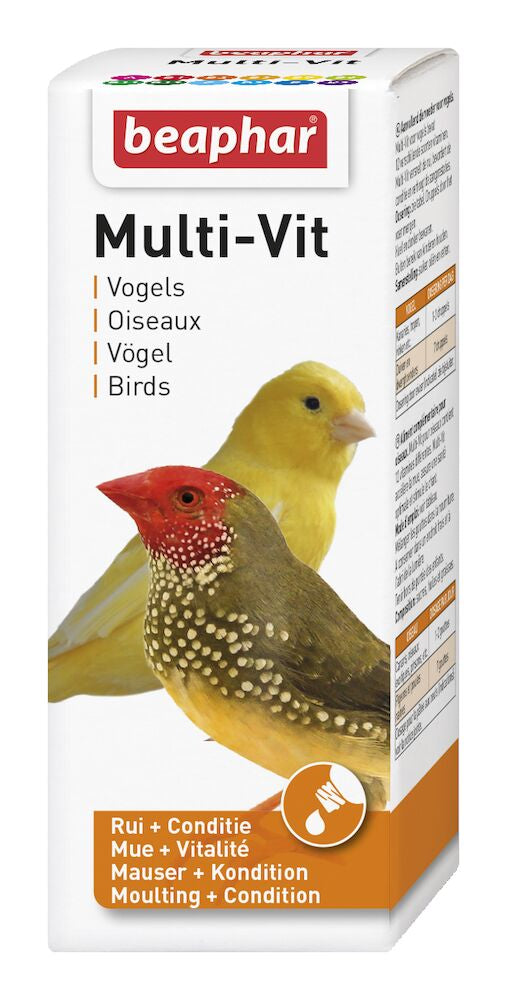 Beaphar Multi-Vit vogelsupplement in kartonnen verpakking met vogelillustraties