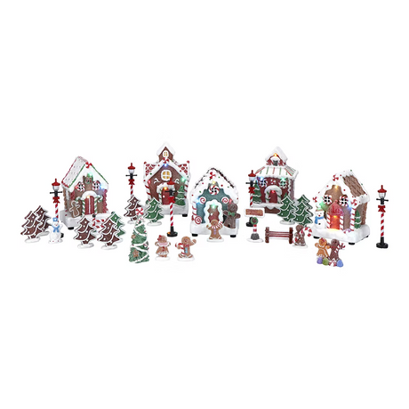 Peperkoek kerstdorp met 5 huisjes en warmwitte ledverlichting, decoratieve figuurtjes
