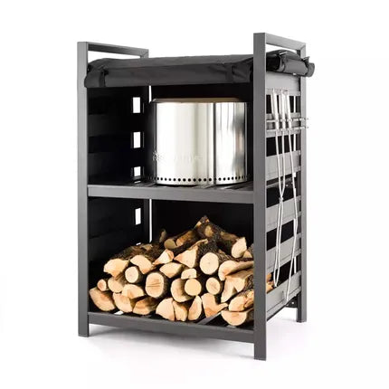 Zwarte Solo Stove opbergkast met opbergtas en open metalen rek