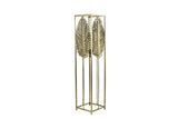 Staande lamp met goudkleurige kooi en bladpatroon op metalen frame