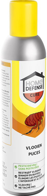 Vlooienspray HOME DEFENSE®: grijze fles met gele dop, gebruikstekst en waarschuwingen