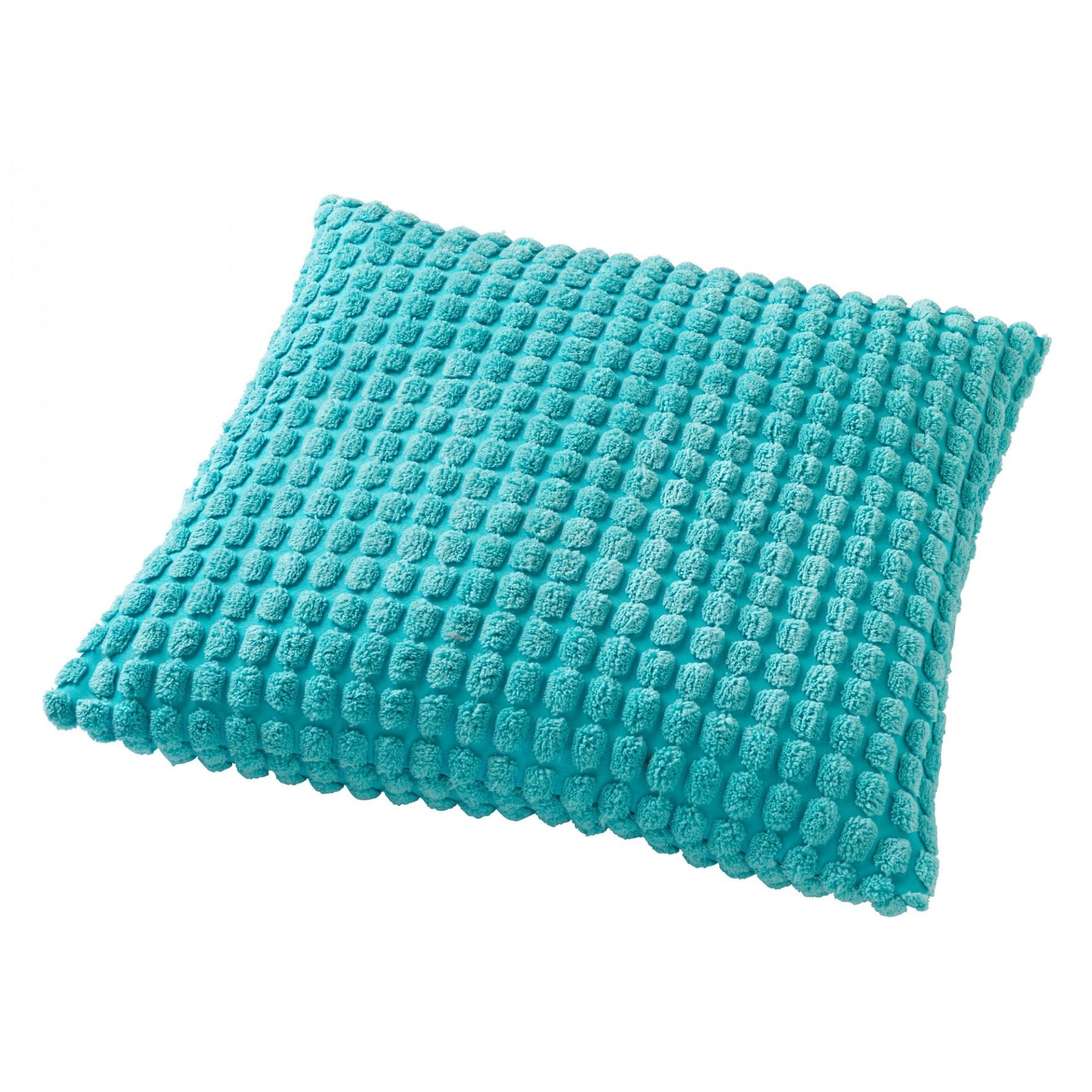 Turkoois sierkussen met geweven ruitpatroon, hoekzicht