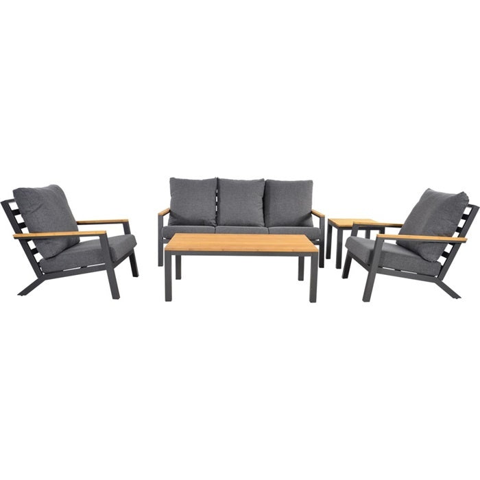 Loungeset met twee fauteuils en driezitsbank, grijze kussens en salontafel, houtlook