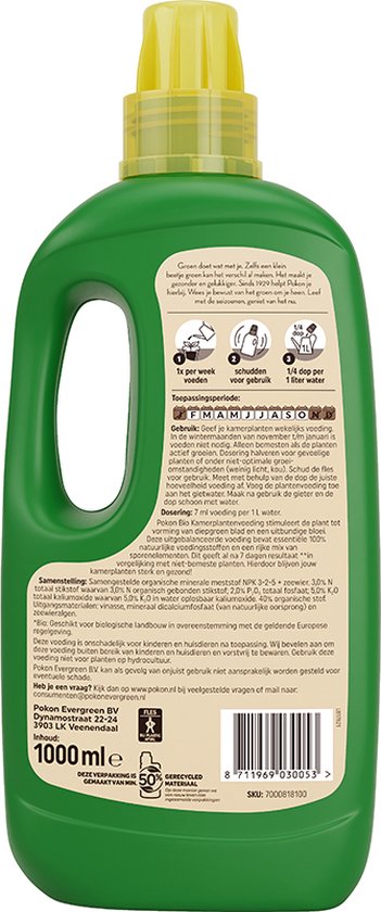 Pokon BIO kamerplantenvoeding, groene fles met informatie en 1000 ml, gele dop