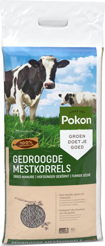 Pokon gedroogde mestkorrels 10 kg zak, zichtbare koe en groen-doet-je-goed label