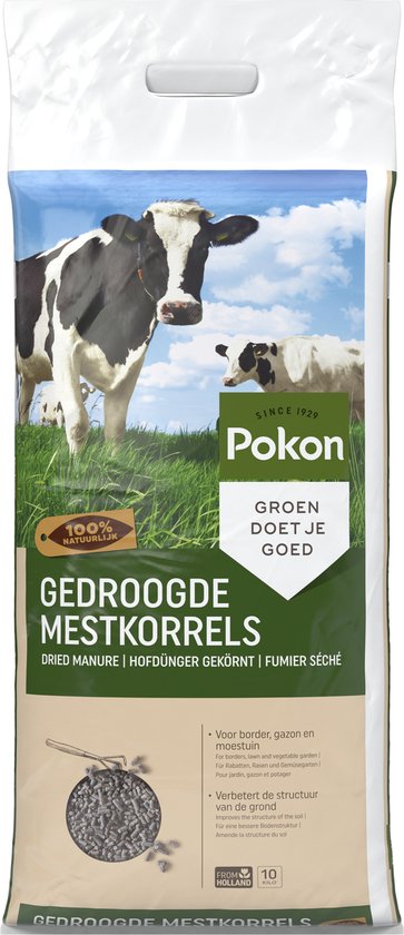 Pokon gedroogde mestkorrels 10 kg, zak met koe en verpakkingstekst voor bemesting