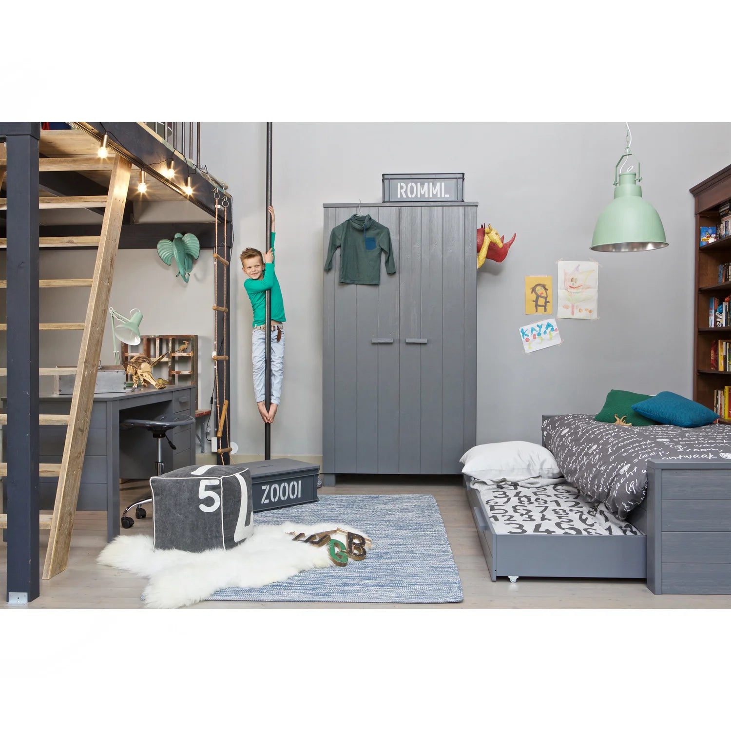 WOOOD - Dennis bureau grenen geborsteld steel grey [FSC]