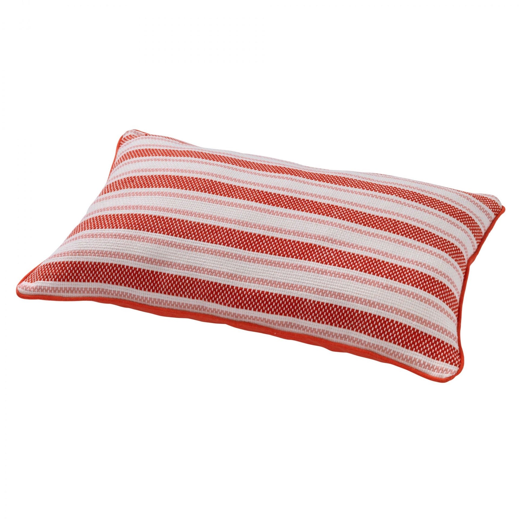 Rood-wit gestreept sierkussen met horizontale banen en rode bies
