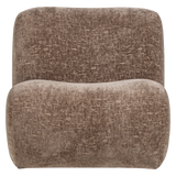 Fauteuil met craquelé velvet in lichtbruin, frontaanzicht met afgeronde armleuningen.