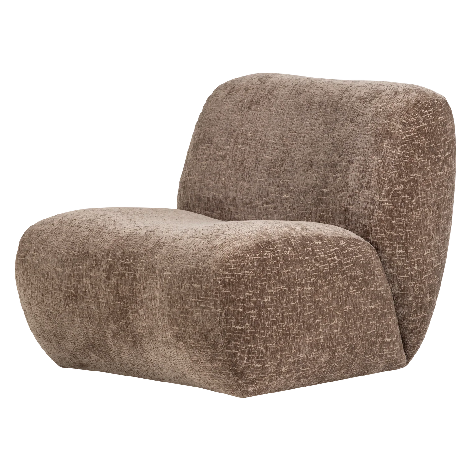 Fauteuil met craquelé velvet in lichtbruin, ronde armleuningen en dikke zitting.