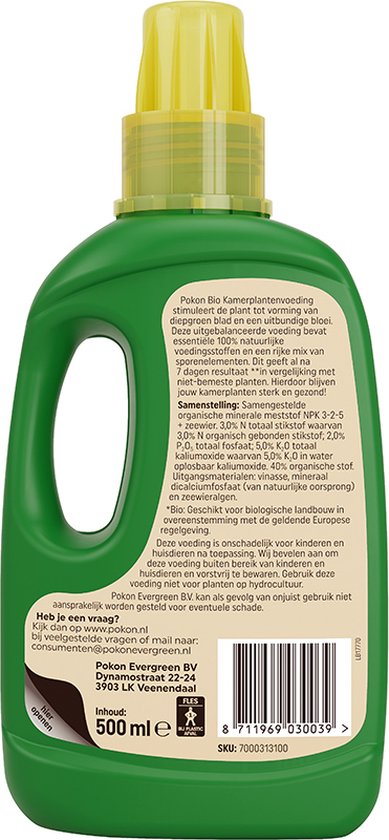 Groene fles 500 ml met gele dop, achterzijde met BIO voedingsinstructies