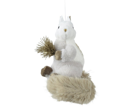 Decoris decoratieve eekhoorn van kunstbont, witte vacht, zittend met pluim