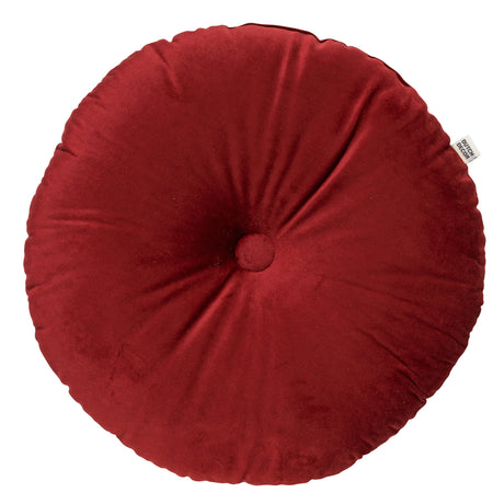 Rond fluwelen sierkussen Olly met knoopdetail, merlotkleurig