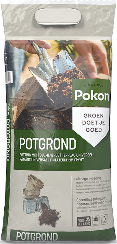 Potgrondzak van Pokon met groen etiket 'Groen doet je goed'