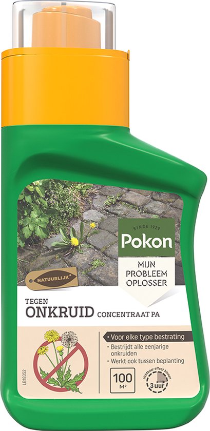 Onkruidconcentraatfles Pokon tegen onkruid met groen fleslichaam en oranje dop