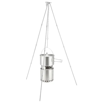 RVS vuurstoker op driepoot met opzetpot en hangketting