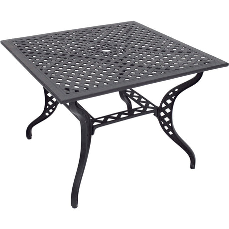Vierkante gietaluminium tuintafel met geperforeerd blad en sierlijke poten